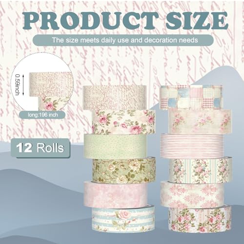 12 Rolls Watercolor Floral Washi Tape Set 15 mm Vintage Flower Decorative Masking Tape for Summer School Arts DIY Craft Scrapbook Journal Supplies Gifts(Vintage Pink,Cottagecore) - color: Vintage Pink, style: Cottagecore