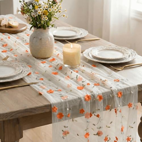 Artoid Mode Orange 3D Flower Gauze Embroidery Table Runner 120 Inch 10FT, Tulle Seasonal Spring Kitchen Dining Holiday Table Decor for Home Party - color: White-orange