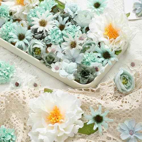 Thiccywoov 250 Pcs Artificial Flowers Heads Bulk Mini Silk Mix Flowers Fake Peony Daisy Rose Multicolor for Blossom Wreath Bouquets Wedding Home Decorations Party Craft Garland DIY(Green) - color: Green