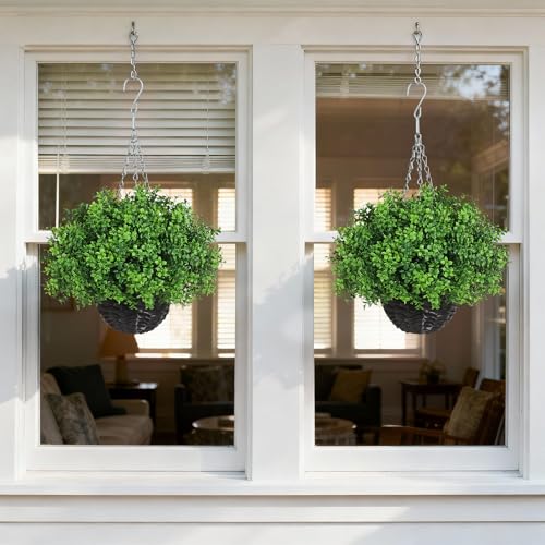 YXZZWL Artificial Boxwood Hanging Basket - 2 Sets with Baskets, Hanging Plants Faux Shrubs, Suitable for Porch, Eaves, Farmhouse, and Garden Decoration for Outdoor UV-Resistant Ornaments