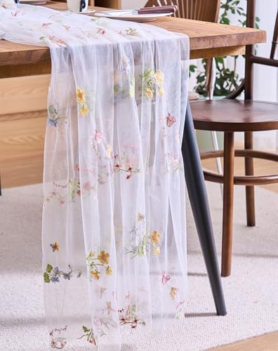 vctops 2 Packs Embroidery Lace Fall Table Runner 10ft Floral Garden Seasonal Tulle Table Runner Holiday Kitchen Dining Table Decoration for Wedding Party Baby Shower Birthday (White,30"x120") - color: White