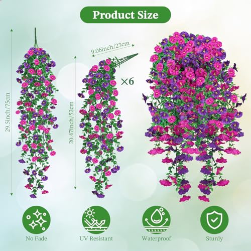 Artificial Hanging Flowers for Outdoors, 6Pcs UV Resistant Morning Glory Vines Fake Flowers with Eucalyptus, Realistic Silk Faux Hanging Plants Decor for Outside Planter Porch Patio (Purple Red) - color: Purple Red