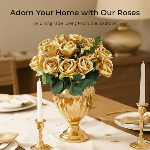 Auihiay 14PCS Gold Artificial Roses, Silk Rose Bouquet with Long Stems for Father's Day, Valentine's Day, Anniversary, Cake Decor, Valentine's Day & Home Decoration - color: Gold