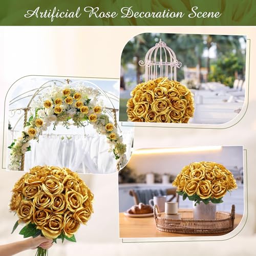 Lyrow 200 Pcs Artificial Roses Realistic Flowers Bulk Real Looking Fake Silk Rose Bouquets with Long Stem Flowers for Wedding Table Centerpieces Bridal Shower Party Home Garden Decor (Golden) - color: Golden