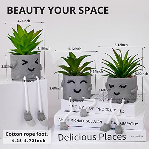 Creative Artificial Succulent Plants with Gray Pots Mini Potted Succulents Cute Fake Plants Succulents with Hanging Leg & Emotional Cement for Home Office Desk Decor and Gift Choice - color: 3set-smile