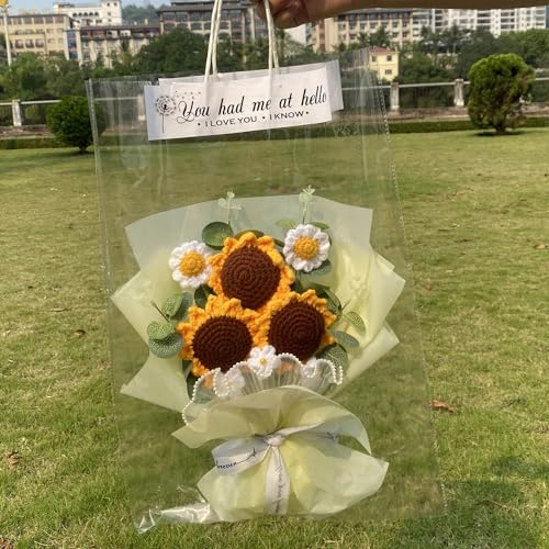 Completed Yellow Crochet Flowers Bouquet, Handmade Knitted Bouquet, Crochet Artificial Flowers of Sunflowers + Daisy for Mother's Day Birthday, Wedding Home Decor, Gifts for Mom (Sunflowers) - style: Sunflower