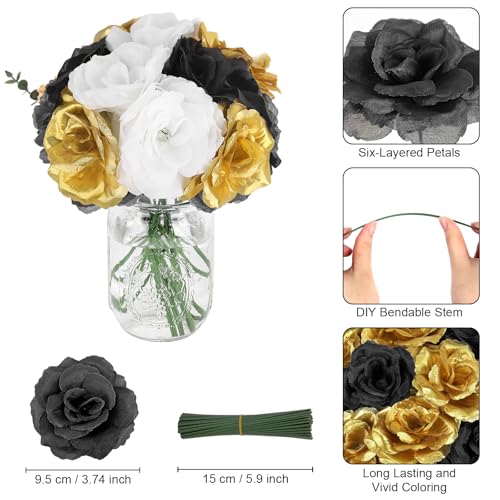108pcs Roses Head Flowers with Stem - Black Gold White Graduation Artificial Flowers Rose Bulk - Silk Rose Fake Flower for Birthday Wedding Baby Shower Centerpieces Gold Theme Grad Party Tables Decor - color: White-black-gold
