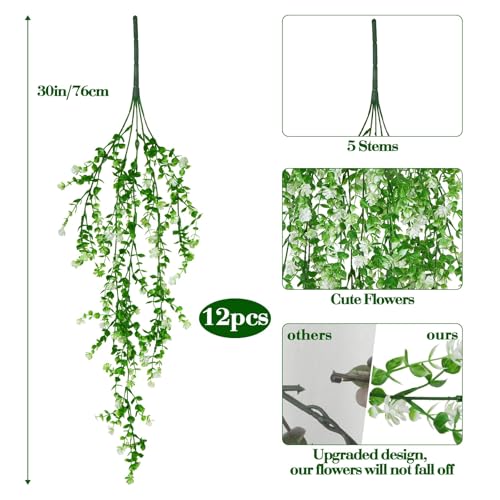 12 Pcs Artificial Hanging Flowers White Hanging Plants Fake Trailing Plant for Outdoor Faux Eucalyptus Greenery Realistic UV Resistant Wall Garden Front Porch Home Indoor Decor - color: White-12pcs