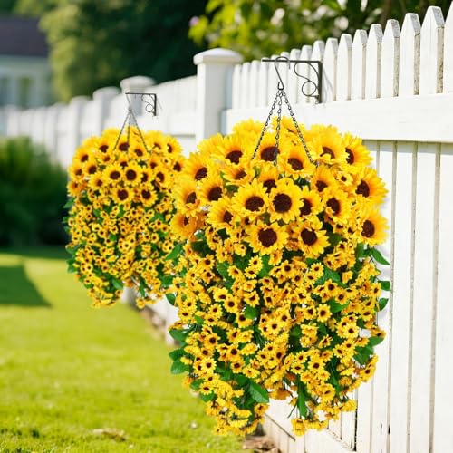 Zythrem 2 Set Artificial Flower Hanging Baskets Fake Sunflower Baskets Outdoor UV Resistant Fake Hanging Plants Baskets for Front Porch Patio Garden Yard Home Spring Summer (Yellow) - size: 27in