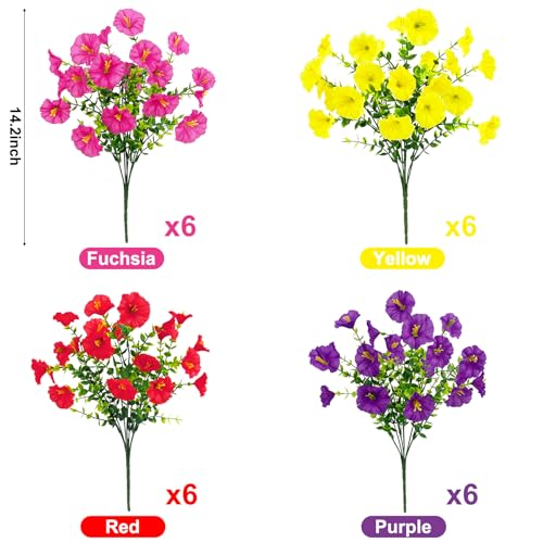 Ouddy Decor 24 Bundles Artificial Flowers for Outdoors Decoration Fake Silk Morning Glory Flowers Faux Eucalyptus Plants UV Resistant for Porch Patio Garden Spring Summer Home Decor, Multicolor - color: Multi Color