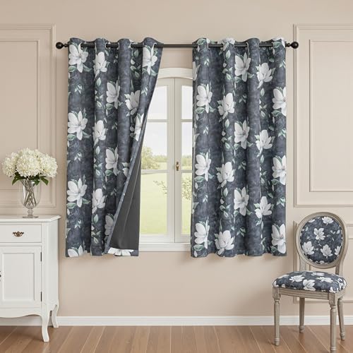 MYSKY HOME Floral 95% Blackout Curtains 54 Inches Long 2 Panels Black Out Thermal Insulated Privacy Protect Modern Flower Print for Samll Window, Pack-2, 52" W Each Panel, Deep Grey - color: Deep Grey, size: 52"W x 54"L (Pack of 2)