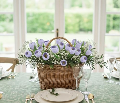 20pcs Real Touch Artificial Tulips Flowers Blue Fake Tulips for Wedding Spring Bouquet Floral Arrangement Valentine's Gift Mother's Day Home Easter Party Office Decorations (Blue) - color: Blue