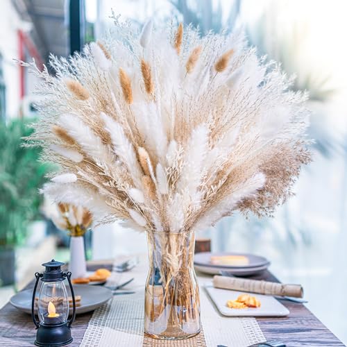 floradream 95 PCS Natural Pampas Grass Decor Bouquet | Boho Dried Floral Arrangement Centerpiece Table Decor Wedding Decor Rustic Decor, Natural, white, beige (Fdm-b-01) - size: 95PCS