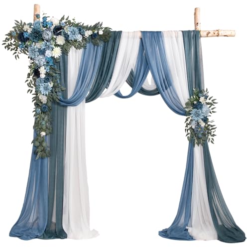 TINGE TIME Wedding Arch Flowers Kit - Deluxe 5pcs Artificial Floral Swag with 3 Sheer Drapes, Realistic Silk Flower Arrangements for Wedding Ceremony Arbor Backdrop Reception Party Home Decor - color: Dusty Blue