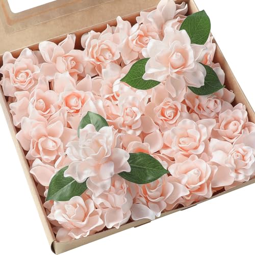 Floroom Artificial Gardenia Flowers 2.7" 25pcs Real Looking Blush Foam Fake Flowers with Stems for DIY Wedding Bouquets Pink Bridal Shower Centerpieces Floral Arrangements Party Tables Decorations - color: Blush