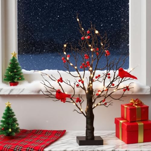 Cardinal Red Berries Tree Table Decoration Light for Tabletop Centerpiece Christmas Decorations, LED Warm Light Up Christmas Tree LED Fairy Spirit Tree Lamp with 3 AA Battery & USB Plug - style: Red Bird Tree Lamp