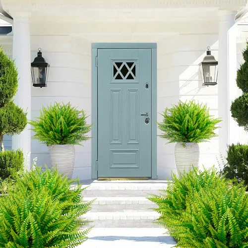 Ouddy Decor 12 Bundles Artificial Boston Ferns Artificial Plants Outdoor Greenery Stems Faux Shrubs UV Resistant for Garden Front Porch Table Window Box Home Decorations - color: Green, size: 12 Bundles