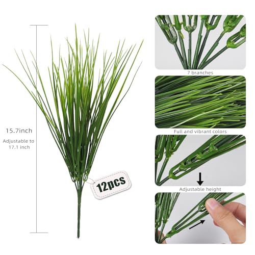 RECUTMS 12 Bundles Artificial Grasses Outdoor Plants Fake Wheat Grass Greenery Shrubs UV Resistant for Planters Wedding Indoor Outside Garden Porch Bathroom Home Office Window Box Decor(Green) - color: Green Grass