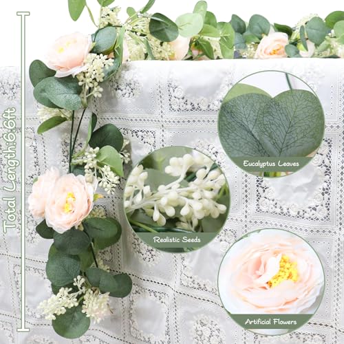 MAKHOT 2 Pcs Pink 6.6Ft Artificial Eucalyptus Flower Garland with Fake Rose Flower Vine Seeded Eucalyptus Leaves Greenery Garland for Wedding Table Backdrop Party Centerpiece Room Decor (Pink) - color: Pink-2pcs