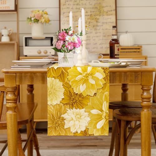 Yellow Dahlia Flower Summer Table Runner Yellow Gray Burlap Table Runners, Spring Elegant Floral Seasonal Coffee Table Center Decor for Home Kitchen Dining Party Indoor Outdoor 13x36 Inch - color: Yellow, size: 13" x 36", Table Runner