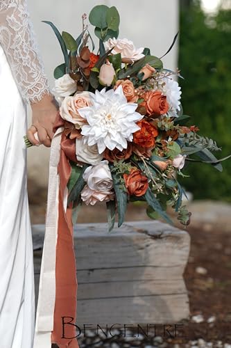 14 Inch Terracotta Bridal Bouquet, Fall Wedding, Bride Bouquets for Ceremony & Anniversary, French Rustic Vintage Style, Artificial Flowers - color: Terracotta, size: 14 Inch
