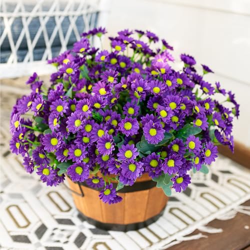 Daisy Artificial Flowers for Outdoors Decoration, 6 Bundles Fake Plants Flowers Bouquet Faux Flowers for Outdoor Planter Look Real UV Resistant Silk Flowers for Outside Front Door Porch Patio, Purple - color: Purple