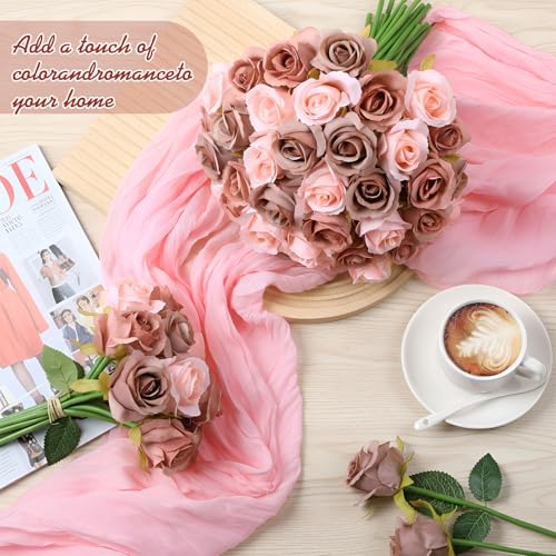 Hoteam 72 Heads Dusty Pink Artificial Rose Flowers 6 Bouquet Wedding Decoration Faux Flower Arrangement Bouquet with Stem Bridal Shower Gift Floral Centerpiece for Table - color: Pink Brown