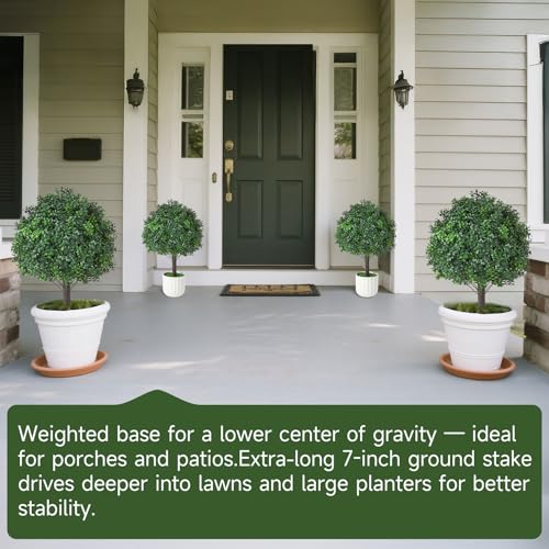 Boxwood Topiary Ball Trees Artificial Outdoor Set of 2, Dual-Base Weighted Planters/Spikes UV Resistant Fake Evergreen Bushes Plants for Front Porch Patio Garden and Door Decor - color: Boxwood Green, size: 24x16''