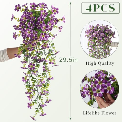 VIERENA 4 Bundles Artificial Hanging Morning Glory Flowers for Outdoor, Realistic Hanging Flowers Silk Fake Morning Glory with Faux Eucalyptus for Yard Garden Porch Patio Balcony Home Decor (Purple) - color: Purple