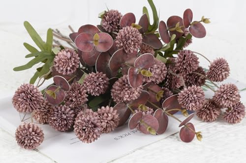 Faux Silk Pompom Mum Artificial Flowers,8 Stems Purple Fake Kiku Flower with 3 Branches Real Touch Eucalyptus Stems for Wedding Bouquet Home Party Floral Arrangements(Purple) - color: Purple