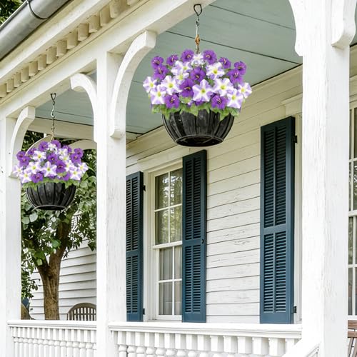 2 Pcs Artificial Flowers for Outdoors Fake Plants Outside Spring Summer Decoration Realistic Silk Morning Glory UV Resistant Faux Flowers for Planter Patio Yard Garden Porch Purple/Light Purple - color: Purple, Light Purple