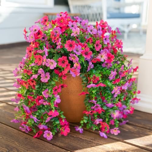 HyeFlora 2Pcs Fake Flowers Artificial Floral for Outdoors Decorations, Outside Flower Decor, UV Resistant Silk Flower for Front Porch Patio Garden(Purple and Hotpink) - color: Purple+hotpink