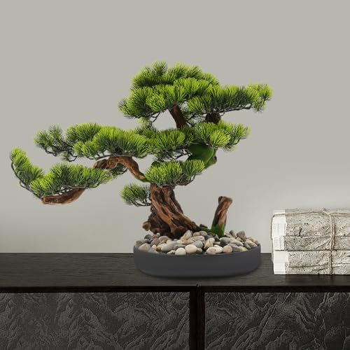 17.7 Inches Artificial Bonsai Tree Desktop Artificial Bonsai Pine Tree Indoor Fake Plants Decor with Metal Pots for Home Table Office Living Room Bedroom Desk Decorations, Green & Brown