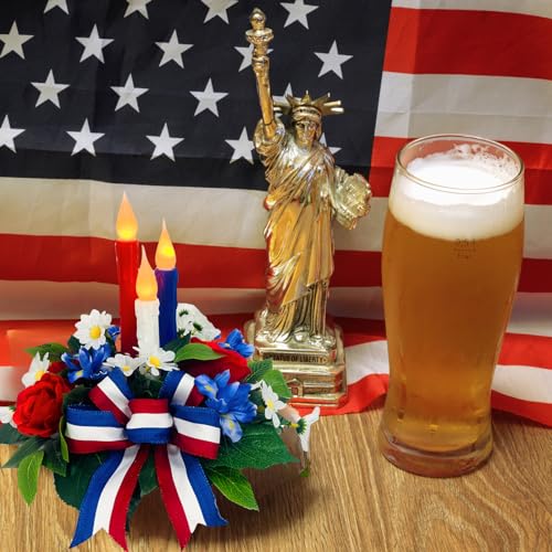 4th of July Decorations,Patriotic Floral Arrangement Centerpiece for Table, Red White and Blue Fake Flowers Fourth of July Taper Flameless Candles for Independence Day Home Decor,Memorial Day Décor