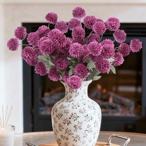 INQCMY Artificial Flowers 12 Pcs Fake Chrysanthemums Faux Kiku Flower Long Stem 20" Realistic Silk Pompon Mums for Vase Wedding Bouquets Centerpieces Home Decor (Deep Purple) - color: Deep Purple