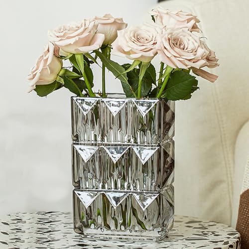 Gray Crystal Flower Vase Heavyweight Smoked Glass Centerpiece Modern Dark Vases for Living Room Industrial Home Decor Spotless Finish 5.1x3.11x7.88 in 1 Pc - color: Clear Gray