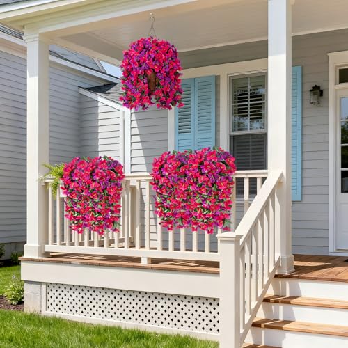 Artificial Fake Hanging Flowers with Basket for Outdoors Decoration, 3PCS Faux Flowers for Outdoor Planters UV Resistant No Fade Silk Bougainvillea for Home Porch Patio Garden Balcony Yard Decor - color: Rose Dark Lotus Color With Basket