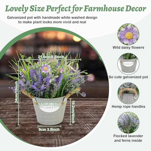 Artificial Lavender Plant 10" Purple Flowers with Violet Daisy in Galvanized Pot - Farmhouse Decor for Home Living Room Bedroom Bathroom Coffee Table - color: Lavender Flower With Purple Daisy
