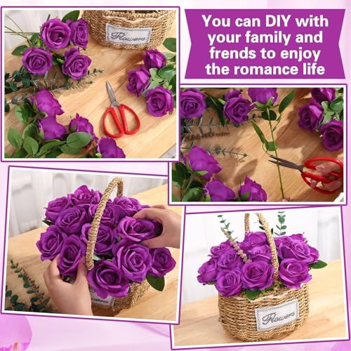 72 Pcs Artificial Roses Purple Fake Silk Roses Realistic Roses Faux Flower Indoor Wedding Home Decor, Birthday Decorations - color: Purple