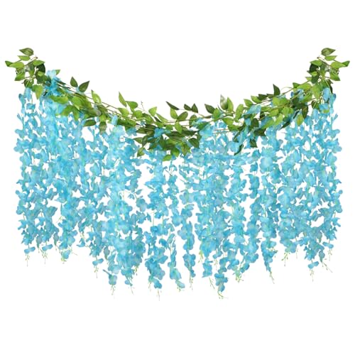 ARTKAIKE Artificial Flowers Garland for Home Decor, Fake Wisteria Vine Silk Hanging Plant Flower for Room Bathroom Wall Kitchen Bedroom Garden Outdoor Wedding Decor (4, Blue) - color: Blue
