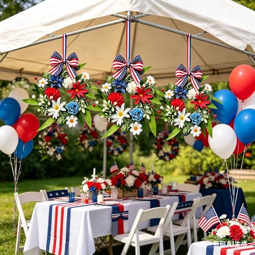 6 Pcs Small 4th of July Hanging Wreaths for Cabinets with Red Carnations Daisy Blooms Artificial Mini Independence Day Candle Ring Wreath with White Chrysanthemums for Front Door Window Porch Wall - color: Patriotic-10