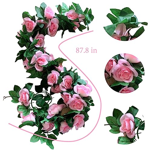 4 Pack Artificial Rose Vine Garland Fake Roses Flowers Plants Vines Hanging Floral Leaves Decoration for Wedding Party Table Garden Arch Wall Home Room Decor(Pink) - color: Pink, size: 【4 Pcs】