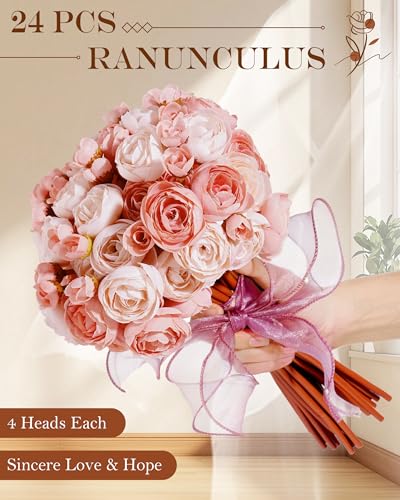 24Pcs Ranunculus Artificial Flowers, Faux Ranunculus Flowers Bulk, Fake Peonies Look Real - 4 Blooms per Stem, Silk Flowers Bouquets for Wedding, Decor - Perfect Match to Tulips & Peonies, Dusty Rose