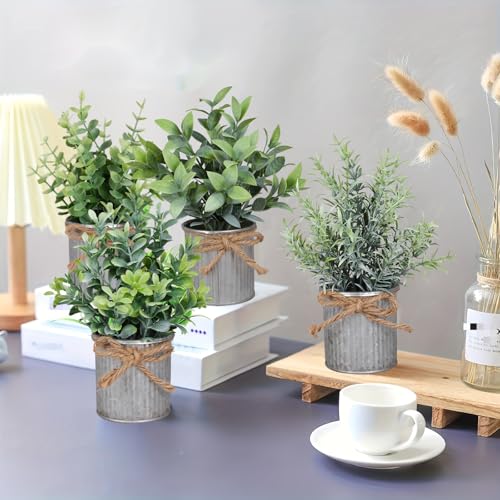 Yoratee Small Artificial Plants Set of 4 Fake Potted Plant with Iron Pot Mini Greenery Decor for Indoor Home Porch Garden Bathroom Décor - color: Silvery