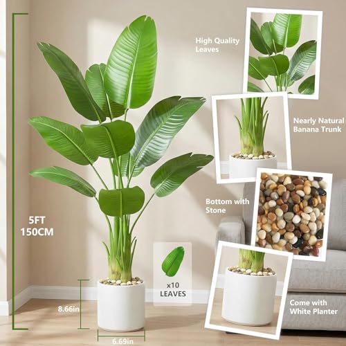 Pack 2 Artificial Bird of Paradise Plant 5FT Fake Palm Tree Faux Plants in White Pot Artificial Tree Fake Plant for Indoor Outdoor Modern Decoration for Home Living Room Office - color: 2 Pack, size: 5FT