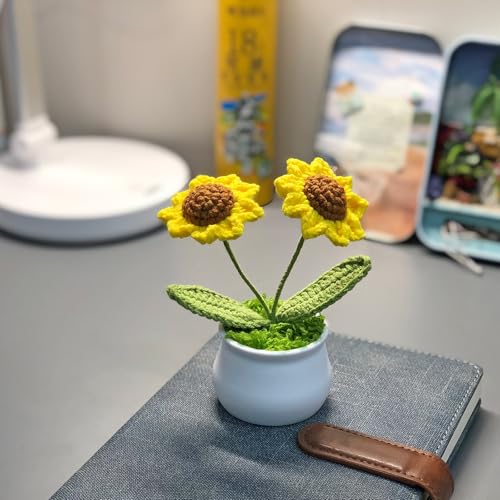 Joekaran Crochet Flowers Cute Little Potted Flower, Gift for Birthday, Teacher’s Day, Graduation, Anniversary, Christmas, Decor for Car Dashboard,Home Office Decoration (Sunflower) - color: Sunflower