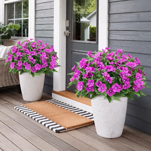 6 Pcs Artificial Flowers for Outdoors Fake Silk Periwinkle Flowers Faux Plants UV Resistant Bouquet Decorations for Planters Spring Summer Garden Porch Patio Window Box Balcony Home, Purple - color: Purple