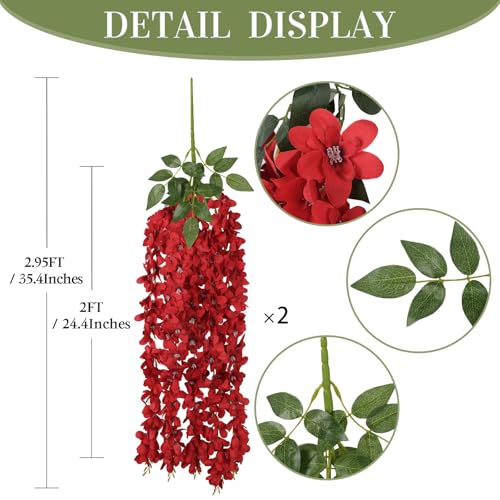 2PCS Red Wisteria Hanging Flowers, 2.95ft Wisteria Garland with 5 Branches Realistic Silk Dark Red Hanging Flowers for Decoration, Wedding Arch, Party Backdrop, and Home Wall Decor - color: Red