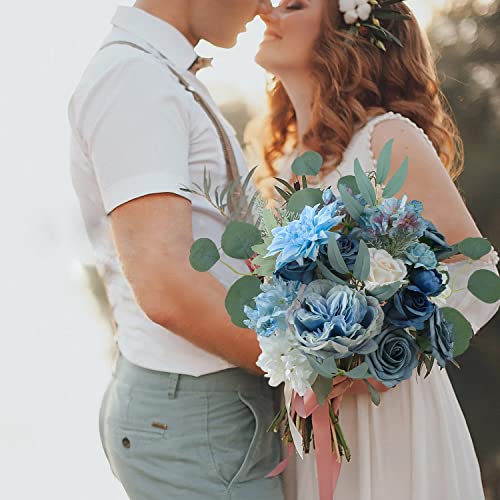 Kisflower Blue Flowers Artificial Combo Cake Flowers Decorations Fake Silk Roses Dahlia Peony Flowers Gift Box for DIY Wedding Bridal Bouquet Centerpieces Arrangements (Dusty Blue) - color: Dusty Blue