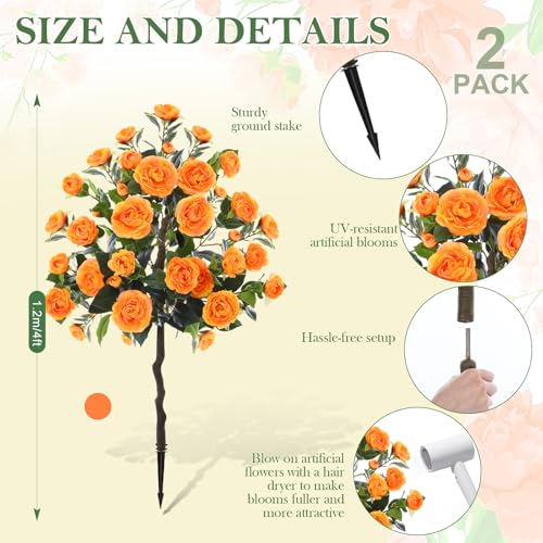 Lunmon 2 Pack 4ft Artificial Camellia Plants Tree without Vase 48" Faux Camellia Flower with Spike UV Resistant Realistic Fake Floral Blooming Bush for Outdoor Front Door Porch Backyard Garden, Orange - color: Orange, size: 4 ft